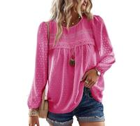 TUUHAW Chemise Femme Chic et Élégant Automne Oversize Manches Longues Bohème Top Col Rond Dentelle Fluide Haut T-Shirts Décontracté à Point Suisse Tunique Rose Vif 5XL