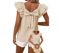 TUUHAW Chemise Femme T-Shirts À Manches Courtes Haut Été Léger Fluide Volants Tunique Col Rond Top avec Nœud dans Le Dos Abricot M