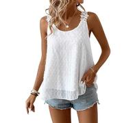 TUUHAW Débardeur Femme Spaghetti sans Manches Col Rond Été Volants Fluide Chemise Bohème Décontracté Floral Caraco Élégant Mousseline Hauts Uni Plissé Cami Lâches Blouse Dentelle Tank Tops Blanc XL