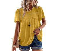 TUUHAW Femme Chemisier Boho Blouse Manches Courtes Col Rond Tunique Dentelle Summer T-Shirt Fluide Tops Chemise Chic et Élégant Jaune S