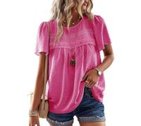 TUUHAW Femme Chemisier Été Léger Oversize Boho Blouse Manches Courtes Col Rond Grande Taille Tunique Dentelle T-Shirt Confortable Fluide Tops Chemise Chic et Élégant Rose Vif XXL
