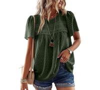 TUUHAW Femme Chemisier Été Léger Oversize Boho Blouse Manches Courtes Col Rond Grande Taille Tunique Dentelle T-Shirt Confortable Fluide Tops Chemise Chic et Élégant Vert XXL
