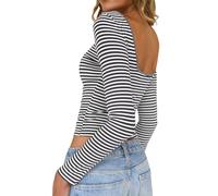 TUUHAW T Shirt Femme Manches Longues Col Bateau Col Bateau Top Dos Nu Côtelé Chic Élégant Hauts Slim Fit Sexy Extensible Respirant Tee Shirts Basic Vêtement Décontracté Automne Pull Gris et Blanc S