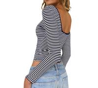 TUUHAW T Shirt Manche Longue Femme Col Bateau Top Dos Nu Tunique Côtelé Chic Élégant Hauts Slim Fit Sexy Tee Shirts À Rayures Basic Extensible Respirant Vêtement Pull Automne Bleu Marine et Blanc L