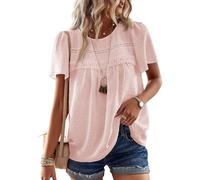 TUUHAW T-Shirts à Manches Courtes Femme Dentelle Fluide Chemise Été Léger Boho Col Rond Tunique Confortable Mousseline Hauts Blouse Summer Tops Chic et Élégant Respirant Rose Pâle L