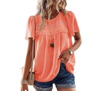 TUUHAW T-Shirts à Manches Courtes Femme Dentelle Fluide Chemise Été Léger Boho Col Rond Tunique Confortable Mousseline Hauts Blouse Summer Tops Chic et Élégant Respirant Orange Vif L