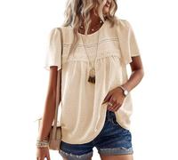TUUHAW T-Shirts à Manches Courtes Femme Dentelle Fluide Chemise Été Léger Boho Col Rond Tunique Confortable Mousseline Hauts Blouse Summer Tops Chic et Élégant Respirant Abricot L