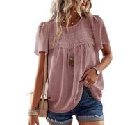 TUUHAW T-Shirts à Manches Courtes Femme Dentelle Fluide Chemise Été Léger Boho Col Rond Tunique Confortable Mousseline Hauts Blouse Summer Tops Chic et Élégant Respirant Rose L