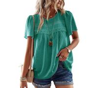 TUUHAW T-Shirts à Manches Courtes Femme Dentelle Fluide Chemise Été Léger Boho Col Rond Tunique Confortable Mousseline Hauts Blouse Summer Tops Chic et Élégant Respirant Turquoise L