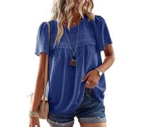 TUUHAW T-Shirts à Manches Courtes Femme Dentelle Fluide Chemise Été Léger Boho Col Rond Tunique Confortable Mousseline Hauts Blouse Summer Tops Chic et Élégant Respirant Bleu Saphir L