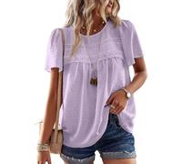 TUUHAW T-Shirts à Manches Courtes Femme Oversize Dentelle Fluide Chemise Été Léger Boho Col Rond Tunique Mousseline Hauts Blouse Summer Tops Chemise Chic et Élégant Respirant Grande Taille Violet XL