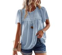 TUUHAW T-Shirts à Manches Courtes Femme Oversize Dentelle Fluide Chemise Été Léger Boho Col Rond Tunique Confortable Mousseline Hauts Blouse Summer Tops Chemise Chic et Élégant Respirant Bleu XL