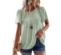 TUUHAW T-Shirts à Manches Courtes Femme Oversize Dentelle Fluide Chemise Été Léger Boho Col Rond Tunique Confortable Mousseline Hauts Blouse Tops Chemise Chic et Élégant Grande Taille Vert Menthe XL