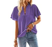 TUUHAW Tee Shirt Femme Grande Taille Chemisiers et Blouses Femme Manches Courtes d'Été Col en V Chemisier Volants Chemise Bohème Fluide Tunique Vintage Ample Travail Top Basique Hauts Violet 5XL