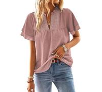 TUUHAW Tee Shirt Femme T-Shirts à Manches Courtes Femme Col en V Été Volants Fluide Chemise Bohème Décontracté Tunique Élégant Mousseline Hauts Uni Plissé Lâches Blouse Dentelle Tops Rose L