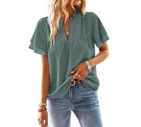 TUUHAW Tee Shirt Femme T-Shirts à Manches Courtes Femme Col V Été Volants Fluide Chemise Bohème Décontracté Tunique Élégant Mousseline Hauts Uni Plissé Lâches Blouse Dentelle Tops Vert Sage L