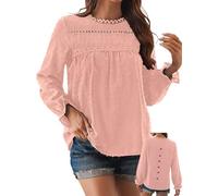 TUUHAW Tee Shirt Manche Longue Femme Chemisier Femme Chic et Élégant Automne Bohème Col Rond Tunique Fluide à Point Suisse T-Shirts Chemise Volants Décontracté Blouses Loose Hauts Rose S