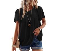 TUUHAW Top Femme Chemisier Manche Courte Boho Col Rond Tunique Mousseline Hauts Chemise Chic et Élégant Fluide Confortable T-Shirt Dentelle Blouse Été Léger Noir M