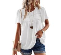 TUUHAW Top Femme Chemisier Manche Courte Boho Col Rond Tunique Mousseline Hauts Chemise Chic et Élégant Fluide Confortable T-Shirt Dentelle Blouse Été Léger Blanc M