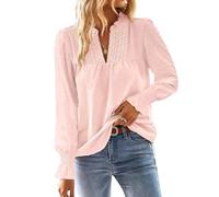 TUUHAW Top Femme Chic et Élégant Automne Bohème Manches Longues à Volants Dentelle Col en V Tunique à Point Suisse T-Shirt Chemise Mousseline Hauts Fluide Blouses Loose Rose Pâle L
