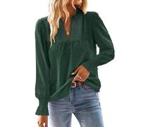 TUUHAW Top Femme Chic et Élégant Automne Bohème Manches Longues à Volants Dentelle Col en V Tunique à Point Suisse T-Shirt Chemise Mousseline Hauts Fluide Blouses Loose Vert Foncé L