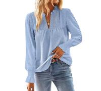 TUUHAW Top Femme Chic et Élégant Automne Bohème Manches Longues à Volants Dentelle Col en V Tunique à Point Suisse T-Shirt Chemise Mousseline Hauts Fluide Blouses Loose Bleu L