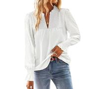 TUUHAW Top Femme Chic et Élégant Automne Bohème Manches Longues à Volants Dentelle Col en V Tunique à Point Suisse T-Shirt Chemise Mousseline Hauts Fluide Blouses Loose Blanc L