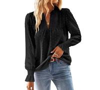 TUUHAW Top Femme Chic et Élégant Automne Bohème Manches Longues à Volants Dentelle Col en V Tunique à Point Suisse T-Shirt Chemise Mousseline Hauts Fluide Blouses Loose Noir L
