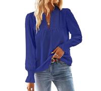 TUUHAW Top Femme Chic et Élégant Automne Bohème Manches Longues à Volants Dentelle Col en V Tunique à Point Suisse T-Shirt Chemise Mousseline Hauts Fluide Blouses Loose Bleu Saphir L