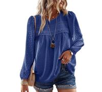 TUUHAW Top Femme Chic et Élégant Automne Bohème Manches Longues Col Rond Tunique Fluide à Point Suisse T-Shirts Chemise Mousseline Hauts Décontracté Blouses Loose Bleu Saphir L