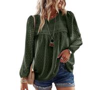 TUUHAW Top Femme Chic et Élégant Automne Bohème Manches Longues Col Rond Tunique Fluide à Point Suisse T-Shirts Chemise Mousseline Hauts Décontracté Blouses Loose Vert L