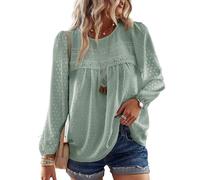 TUUHAW Top Femme Chic et Élégant Automne Bohème Manches Longues Col Rond Tunique Fluide à Point Suisse T-Shirts Chemise Mousseline Hauts Décontracté Blouses Loose Vert Sage L