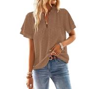TUUHAW Top Femme T-Shirts à Manches Courtes Femme Été Chemisier Chic et Élégant Col en V Volants Chemise Bohème Blouse Plissé Lâches Fluide Vintage Tunique Couleur Unie Habillé Hauts Marron Clair XL