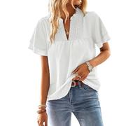 TUUHAW Top Femme T-Shirts à Manches Courtes Femme Été Chemisier Chic et Élégant Col V Volants Chemise Bohème Blouse Plissé Lâches Fluide Vintage Tunique Couleur Unie Habillé Hauts Blanc L
