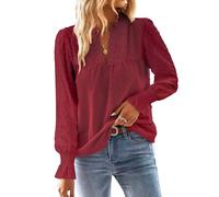 TUUHAW Tunique Femme Chemise Chic et Élégant Automne Col en V Manches Longues Dentelle Top à Point Suisse Couleur Unie Blouse Décontracté Chemisier Confortable Bordeaux M