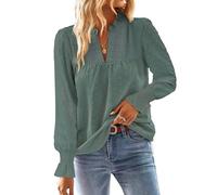 TUUHAW Tunique Femme Chemise Chic et Élégant Automne Col en V Manches Longues Dentelle Top à Point Suisse Couleur Unie Blouse Décontracté Chemisier Confortable Vert Sage M