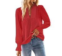 TUUHAW Tunique Femme Chemise Chic et Élégant Automne Col en V Manches Longues Dentelle Top à Point Suisse Couleur Unie Blouse Décontracté Chemisier Confortable Rouge M