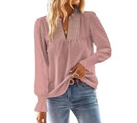 TUUHAW Tunique Femme Chemise Chic et Élégant Automne Col en V Manches Longues Dentelle Top à Point Suisse Couleur Unie Blouse Décontracté Chemisier Confortable Rose M