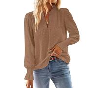 TUUHAW Tunique Femme Chemise Chic et Élégant Automne Col en V Manches Longues Dentelle Top à Point Suisse Couleur Unie Blouse Décontracté Chemisier Confortable Mocha M