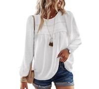 TUUHAW Tunique Femme Chemise Chic et Élégant Automne Col Rond Manches Longues Dentelle Bohème Top Fluide à Point Suisse Couleur Unie Blouse Décontracté Chemisier T-Shirts Blanc M