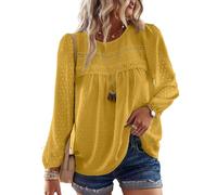 TUUHAW Tunique Femme Chemise Chic et Élégant Automne Col Rond Manches Longues Dentelle Bohème Top Fluide à Point Suisse Couleur Unie Blouse Décontracté Chemisier T-Shirts Jaune M