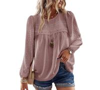 TUUHAW Tunique Femme Chemise Chic et Élégant Automne Col Rond Manches Longues Dentelle Bohème Top Fluide à Point Suisse Couleur Unie Blouse Décontracté Chemisier T-Shirts Rose M
