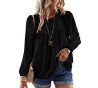 TUUHAW Tunique Femme Chemise Chic et Élégant Automne Col Rond Manches Longues Dentelle Bohème Top Fluide à Point Suisse Couleur Unie Blouse Décontracté Chemisier T-Shirts Noir M