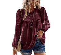 TUUHAW Tunique Femme Chemise Chic et Élégant Automne Col Rond Manches Longues Dentelle Bohème Top Fluide à Point Suisse Couleur Unie Blouse Décontracté Chemisier T-Shirts Rouge Bordeaux M