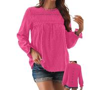 TUUHAW Tunique Femme Grande Taille Chemise Femme Chic et Élégant Manches Longues Bohème Top Col Rond Décontracté T-Shirts Automne Fluide à Point Suisse Festonnée Dentelle Haut Rose Vif 3XL