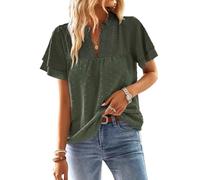 TUUHAW Tunique Femme Grande Taille Tee Shirt Femme à Manches Courtes Été Col V Fluide Chemise Volants Bohème Top Élegant Vintage Uni Hauts Plissé Blouse Décontracté Mode Chemisier Vert XXL
