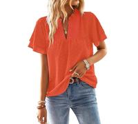 TUUHAW Tunique Femme Grande Taille Tee Shirt Femme à Manches Courtes Été Col V Fluide Chemise Volants Bohème Top Élegant Vintage Uni Hauts Plissé Blouse Décontracté Mode Chemisier Orange Vif 3XL