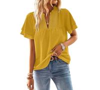 TUUHAW Tunique Femme Grande Taille Tee Shirt Femme à Manches Courtes Été Col V Fluide Chemise Volants Bohème Top Élegant Vintage Uni Hauts Plissé Blouse Décontracté Mode Chemisier Jaune XXXXL