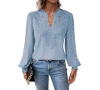 TUUHAW Tunique Femme Longue Top Femme Bohème Manches Longues Élégant Automne Col en V Volants Fluide à Point Suisse T-Shirts Chemise Mousseline Tshirt Décontracté Loose Basique Blouses Bleu Clair M