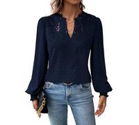 TUUHAW Tunique Femme Longue Top Femme Bohème Manches Longues Élégant Automne Col en V Volants Fluide à Point Suisse T-Shirts Chemise Mousseline Tshirt Décontracté Loose Basique Blouses Bleu Marine XS